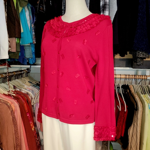 ANN TRINITY ♡ Gorgeous Red Ribbon Sequin Embellished Bling Button Front Blouse M - Picture 5 of 17